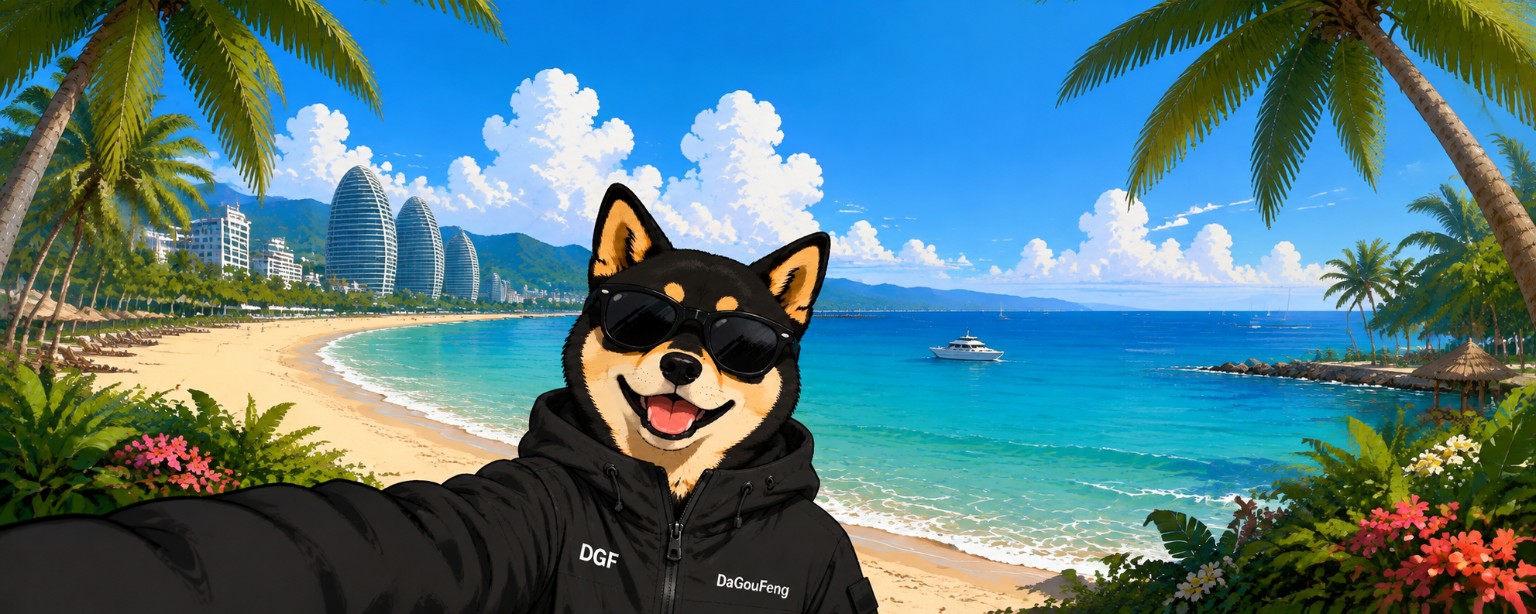 DaGouFeng dog at a tropical beach